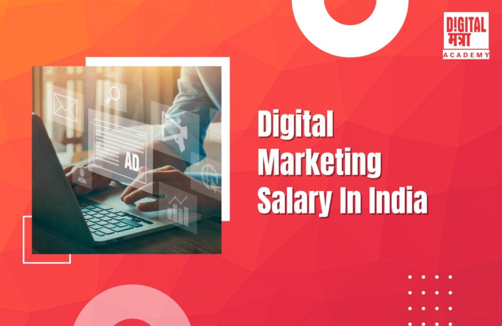 A red colored background is containing a laptop named Digital Marketing salary in India