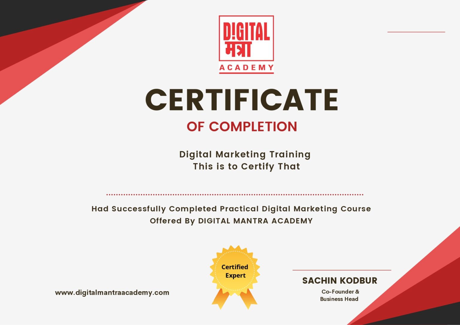 digital marketing certificate by digital mantra academy